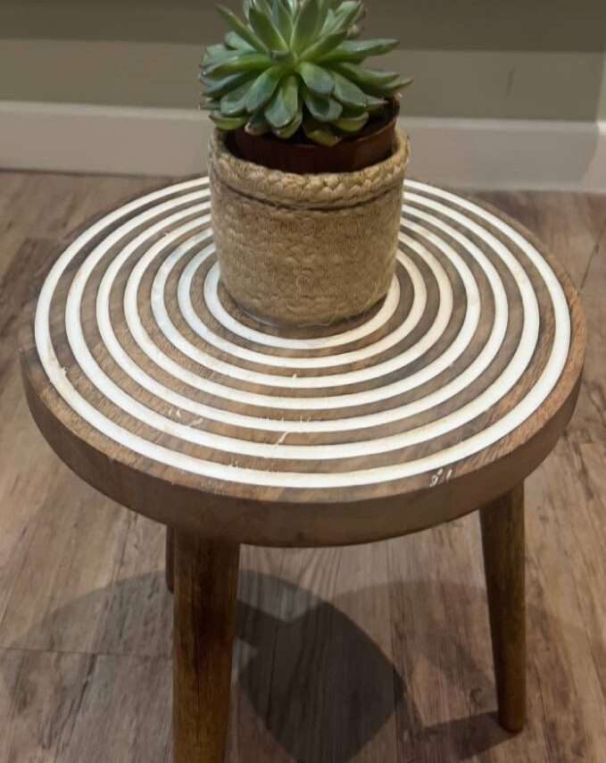 Wooden Side Table with White Striped Top