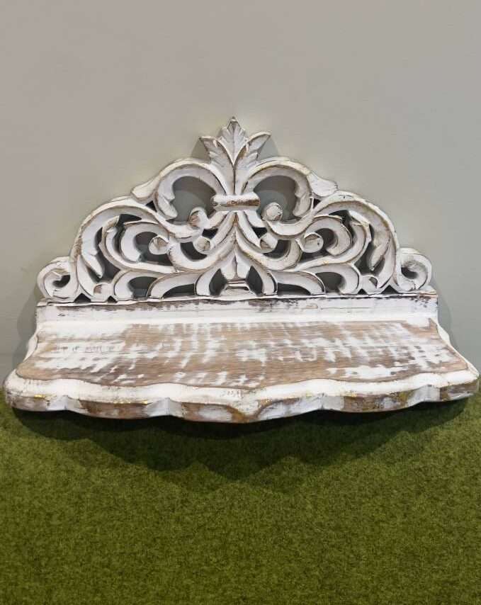 Whitewashed Carved Wood Shelf