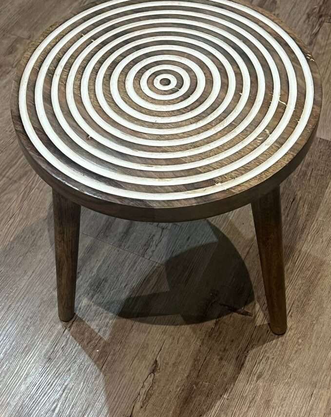 Round Wooden Side Table with White Inlay